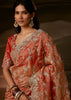 Peachy Orange Embroidered Designer Organza Saree