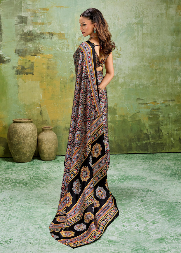 Black Printed Satin Silk Saree