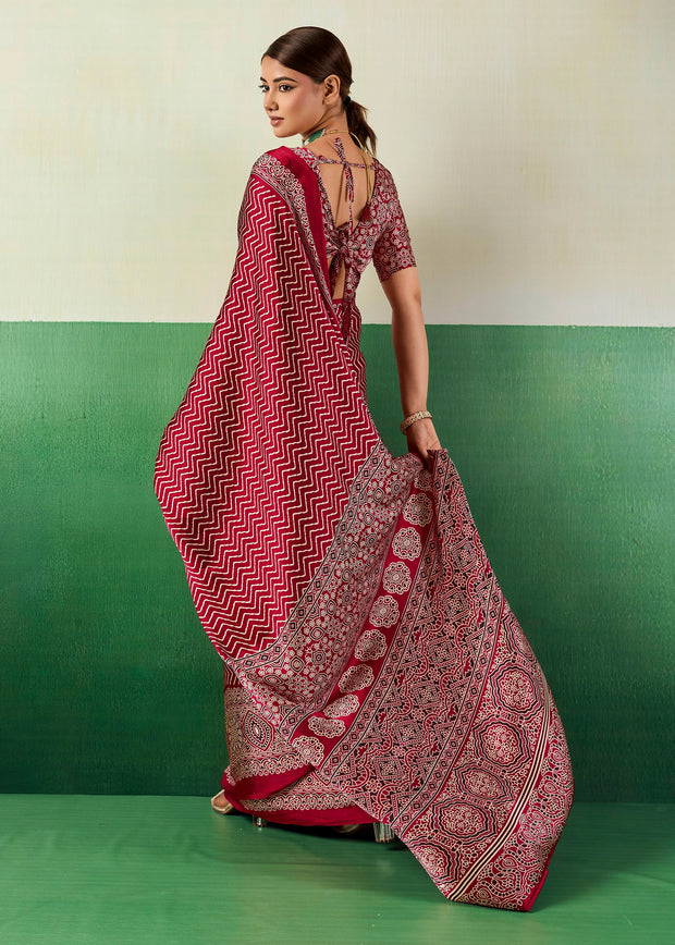 Deep Red Printed Satin Silk Saree