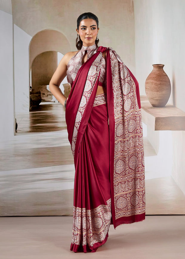 Rich Red Printed Satin Silk Saree