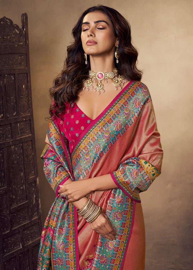 Golden Red Dual Tone Woven Soft Silk Saree
