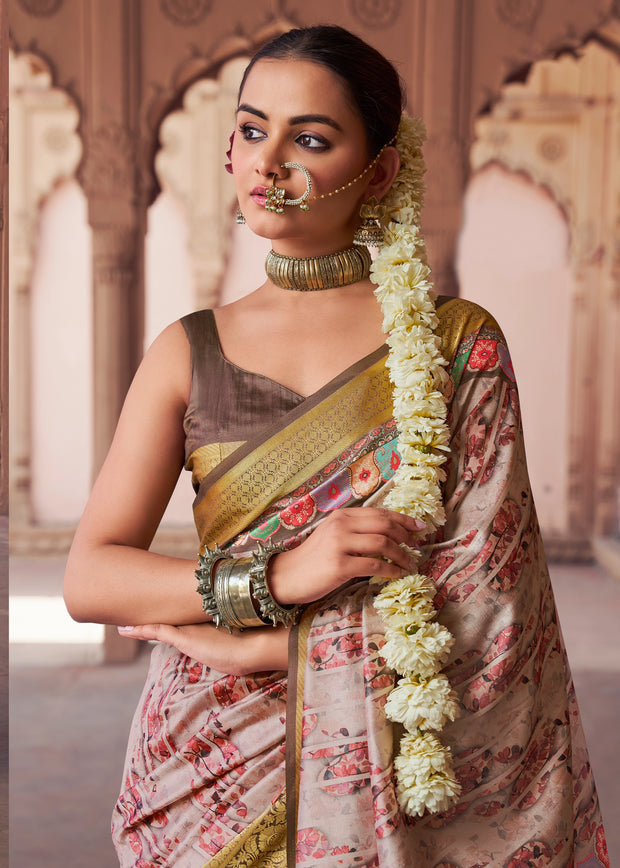 Rose Brown Banarasi Digital Printed Silk Saree