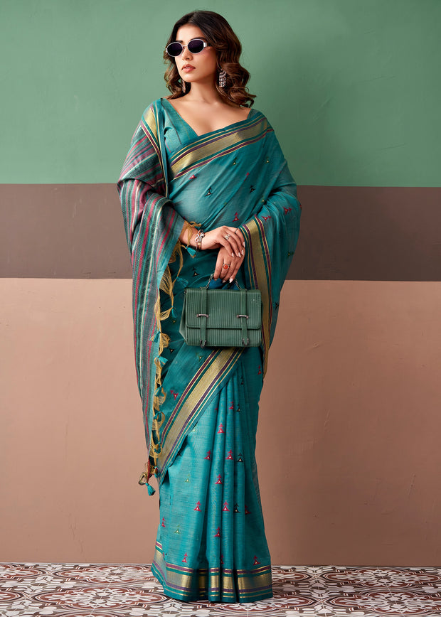 Teal Blue Woven Cotton Silk Saree