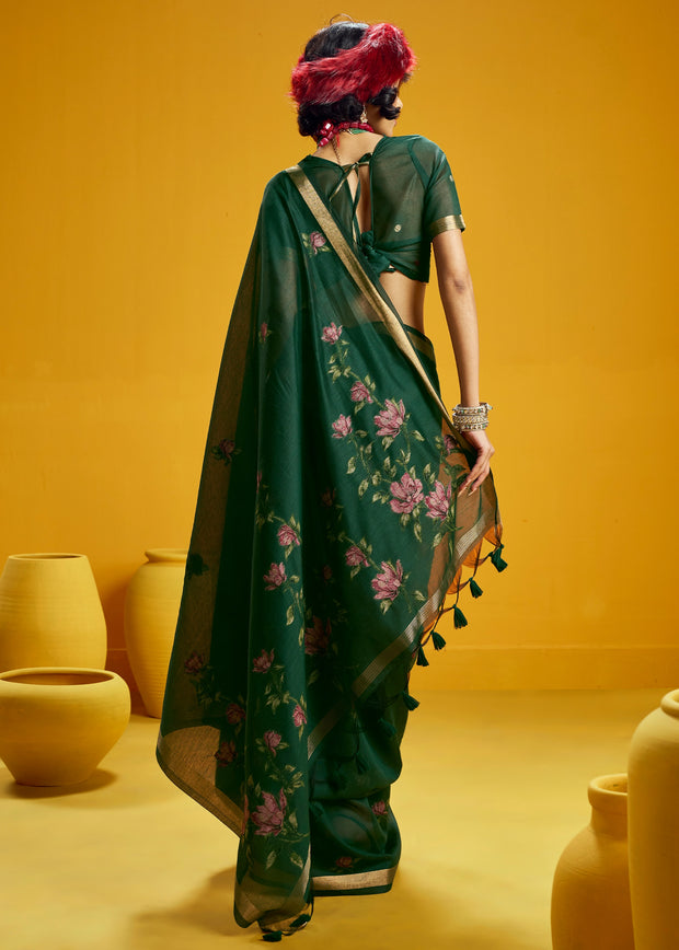 Dark Green Woven Munga Cotton Silk Saree