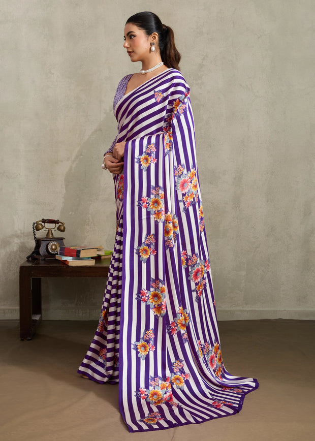 Purple Printed Satin Silk Saree