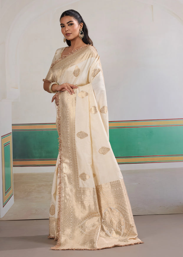 Snow White Woven Banarasi Satin Silk Saree