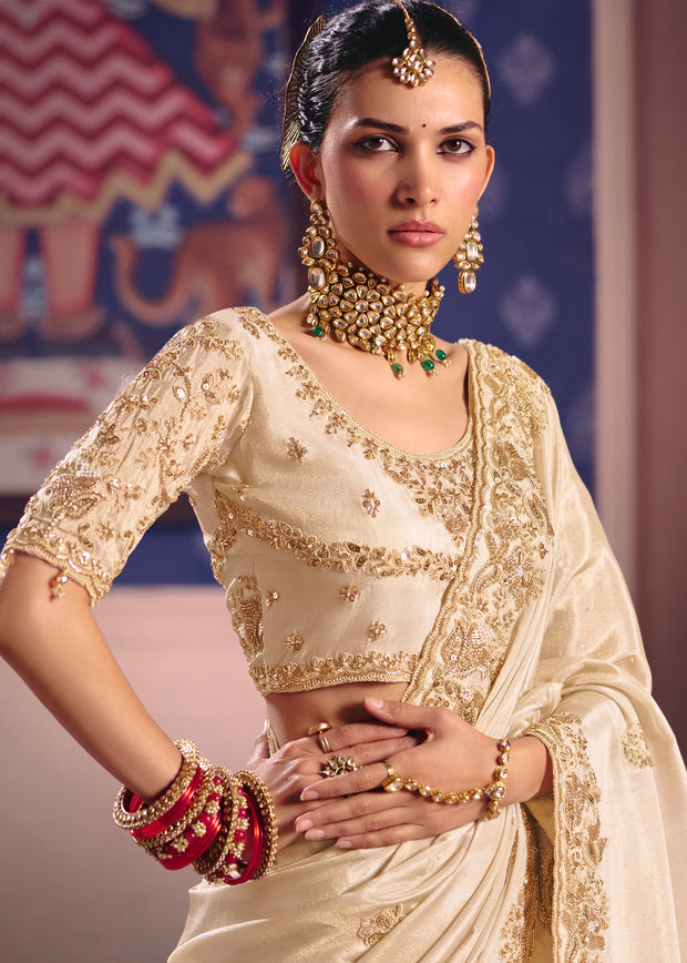 Off white Embroidered Tissue Designer Saree