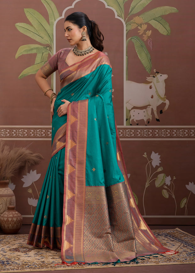 Sea Blue Woven Tussar Silk Saree