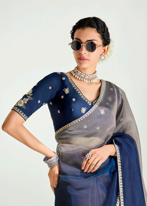 Midnight Blue Ombre Designer Tissue Saree With Embroidered Blouse