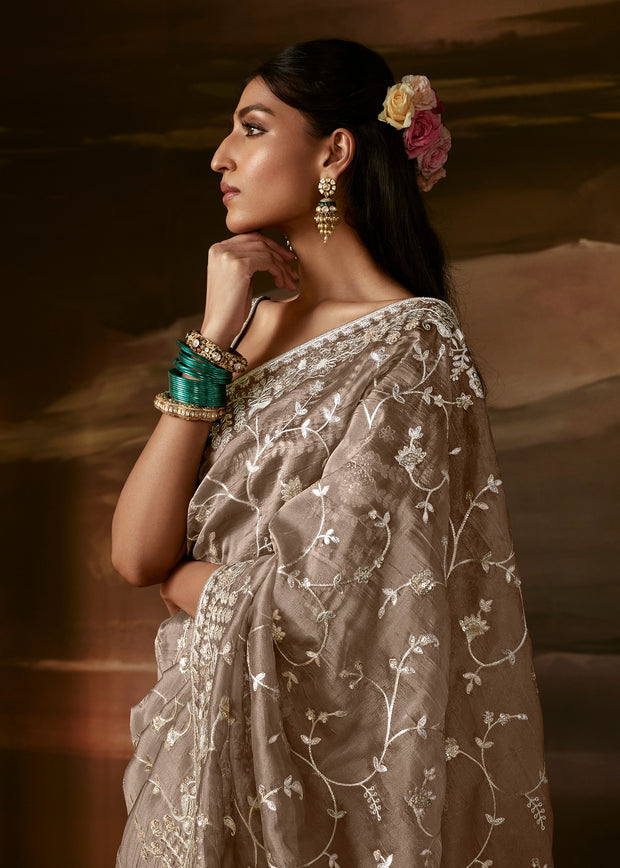 Metallic Beige Embroidered Designer Organza Saree