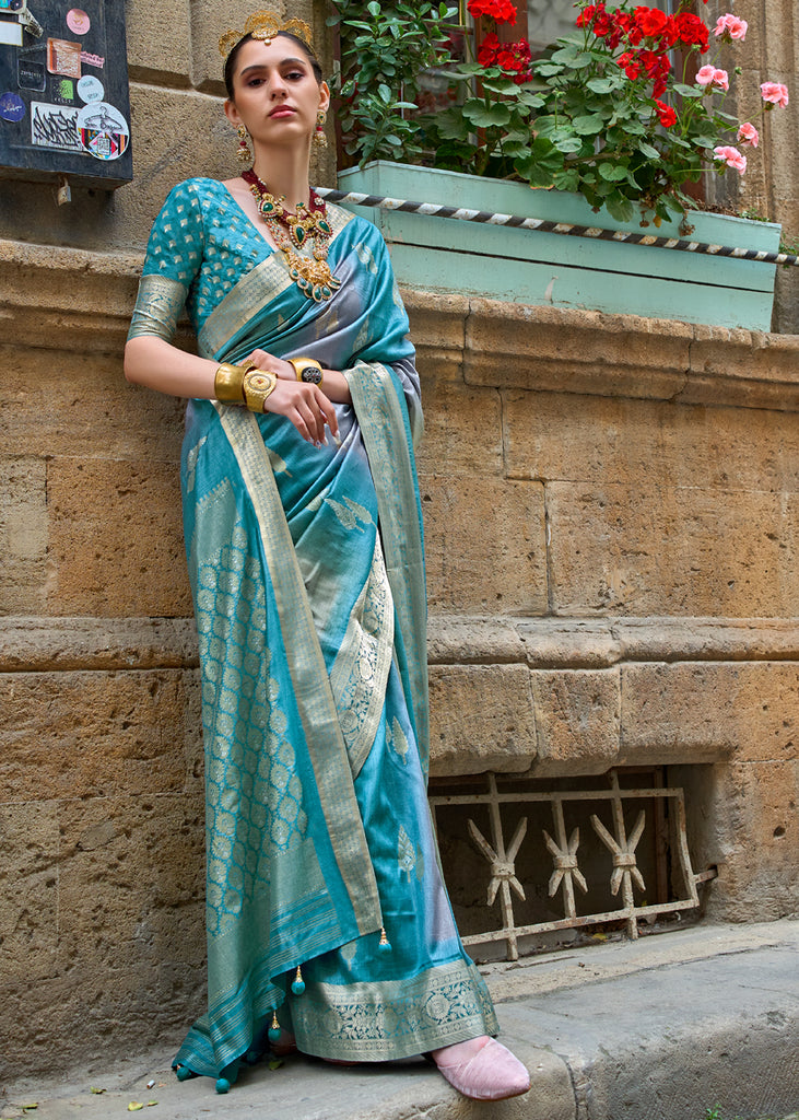 Teal Blue Woven Silk Saree & Blouse 5711SR08