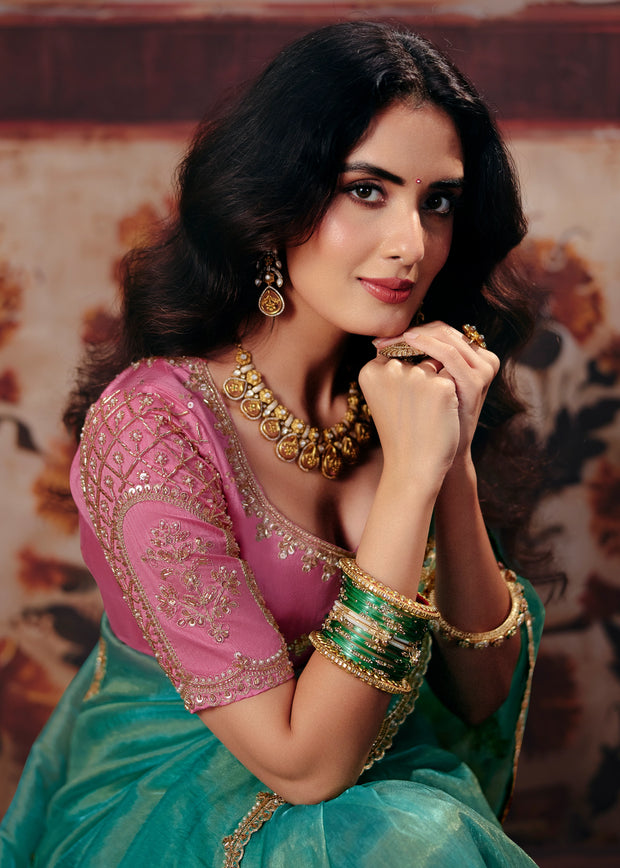 Sea Blue Designer Organza Saree With Embroidered Blouse
