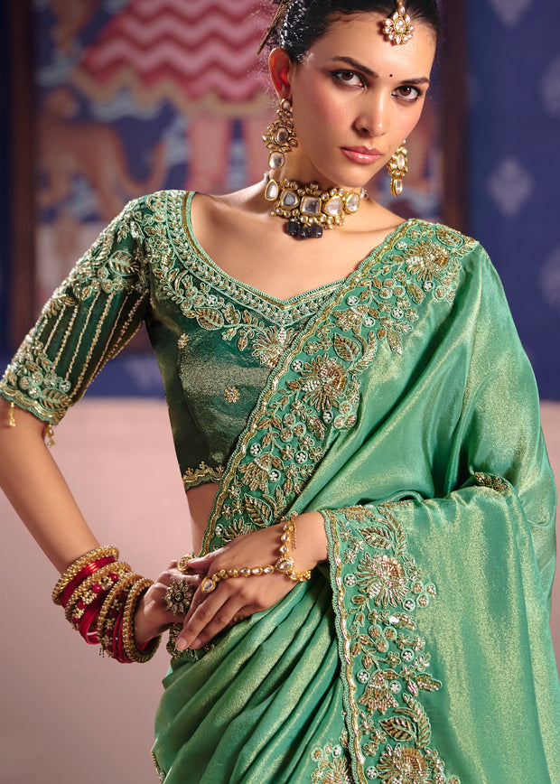 Summer Green Embroidered Tissue Designer Saree