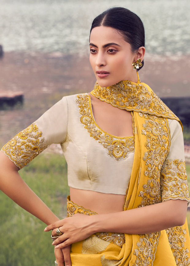 Mustard Yellow Woven Embroidered Tissue Silk Saree