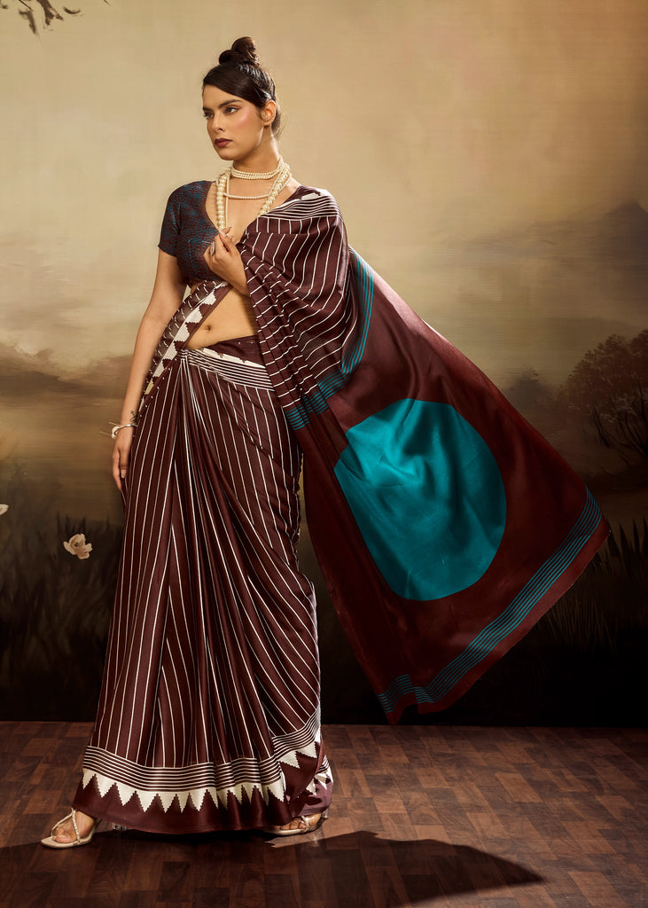 Deep Maroon Printed Satin Silk Saree
