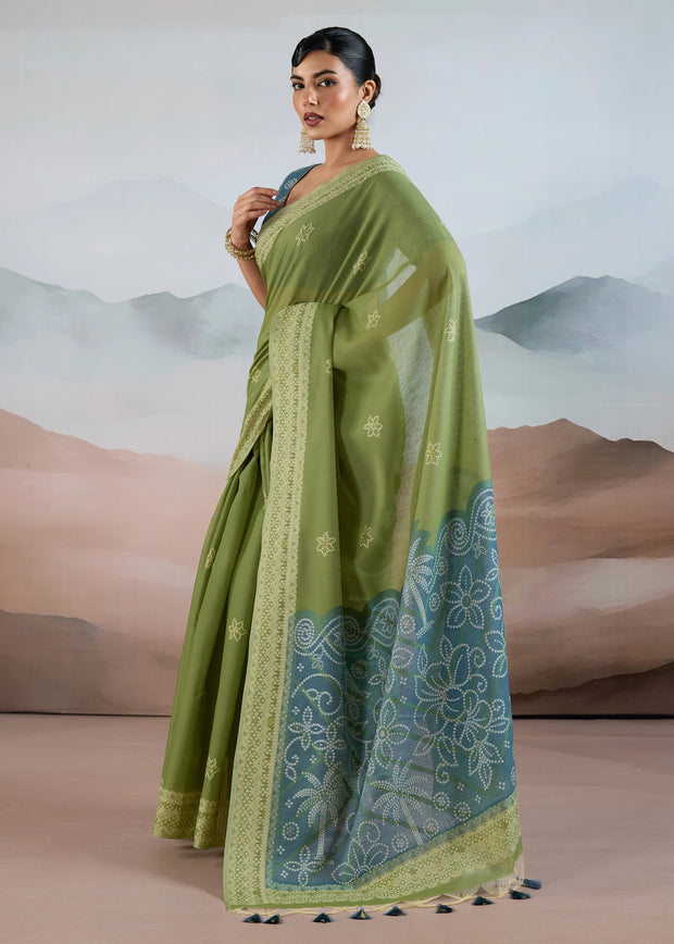 Dusky Green Woven Cotton Saree
