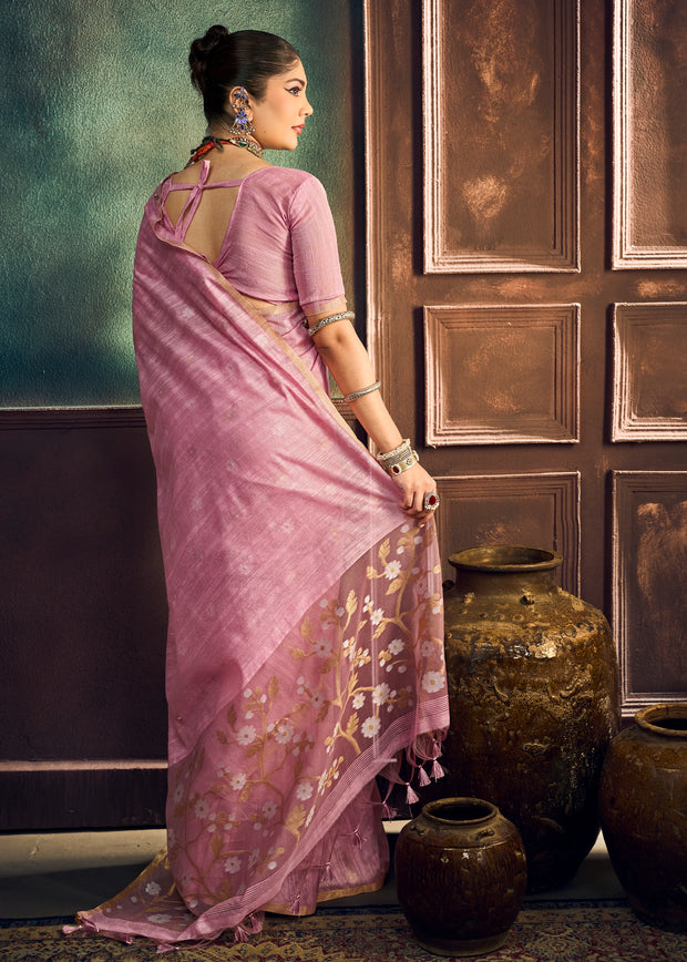 Onion Pink Woven Munga Cotton Silk Saree