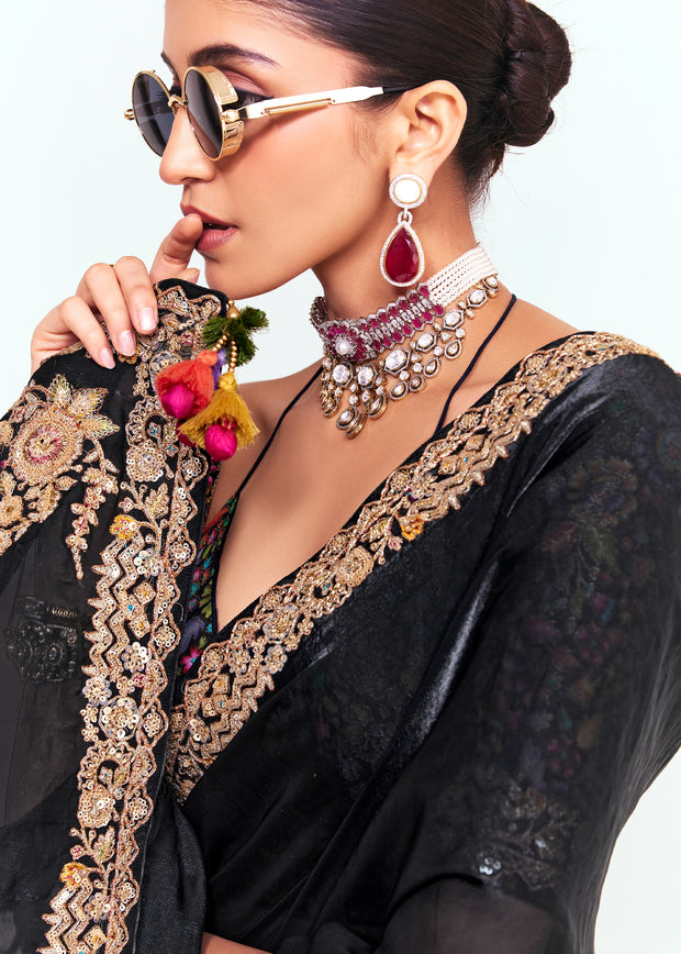 Jet Black Designer Embroidered Tissue Saree
