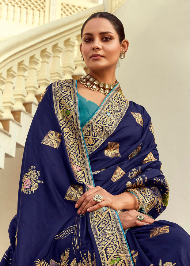 Royal Blue Woven Banarasi Designer Silk Saree With Contrast Blouse