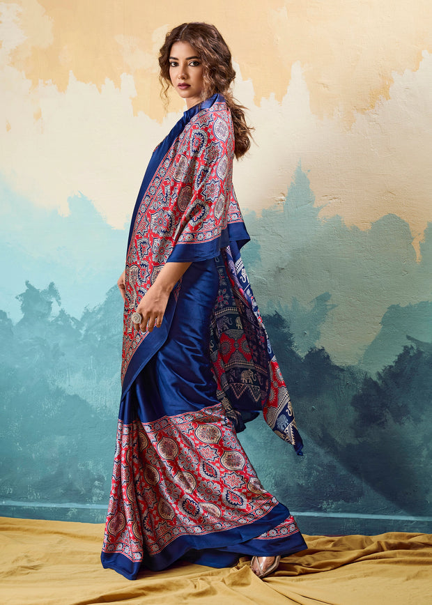 Nautical Blue Printed Satin Silk Saree