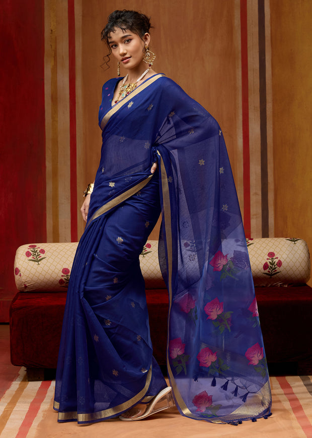 Navy Blue Woven Cotton Organza Saree