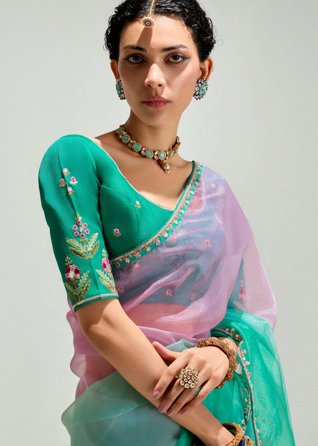 Aqua Green Ombre Designer Tissue Saree With Embroidered Blouse