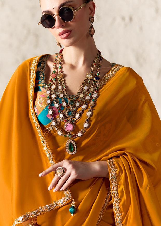 Mustard Yellow Designer Organza Tissue Silk Saree With Printed Blouse