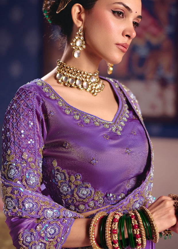Lavender Purple Embroidered Tissue Designer Saree