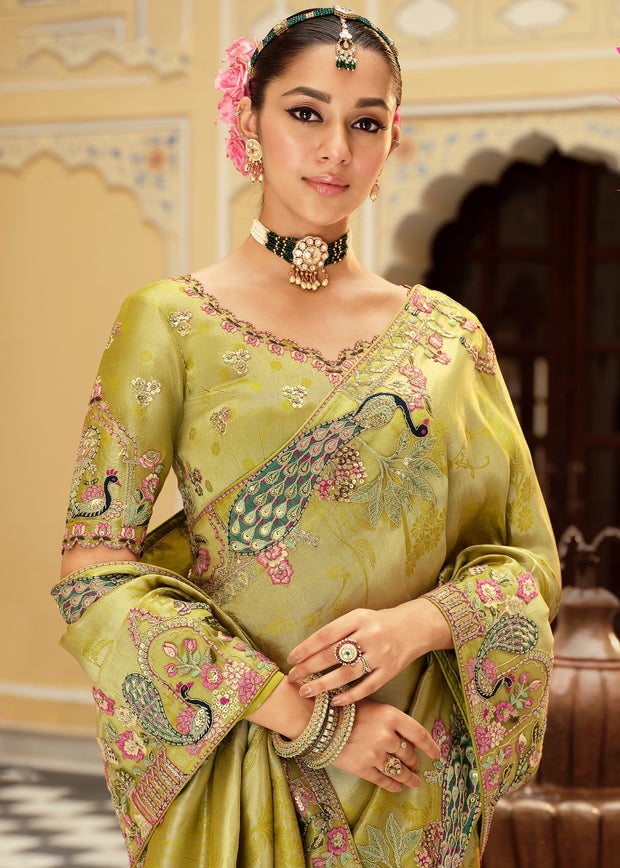 Green Designer Embroidered Silk Saree