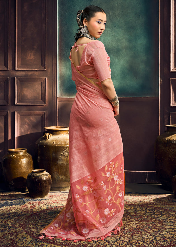Peach Pink Woven Munga Cotton Silk Saree