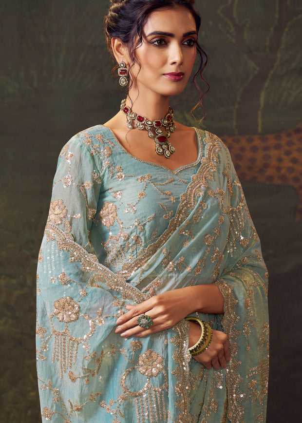 Dusk Blue Designer Tissue Silk Saree