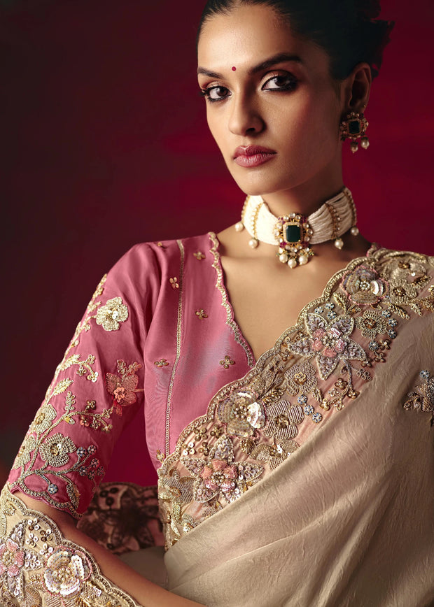 Powder Grey Designer Embroidered Saree
