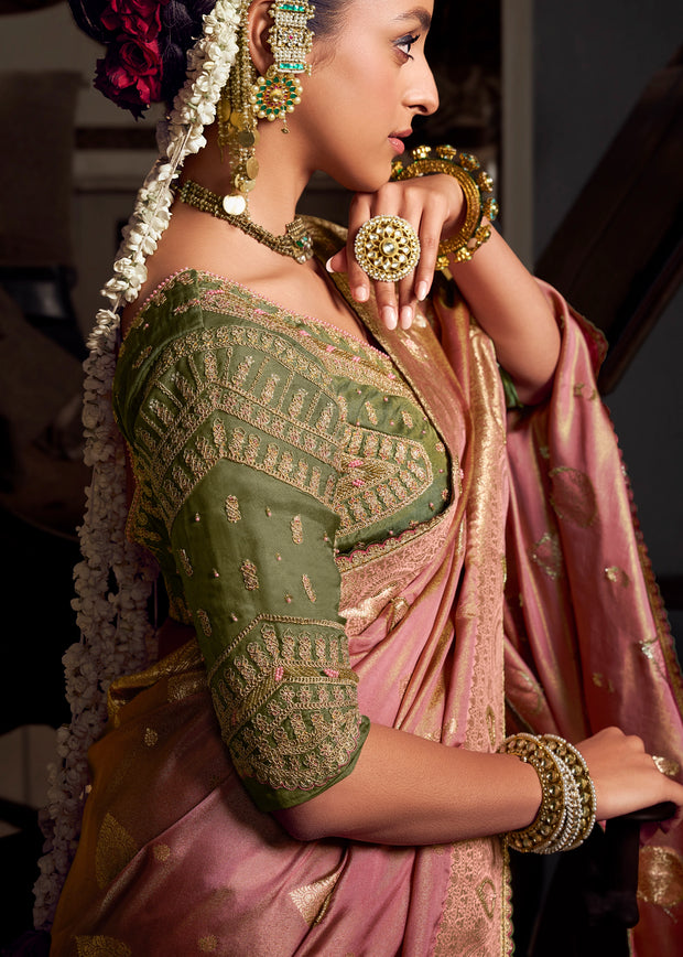 “Exclusive Offer” : Polignac Pink Woven Banarasi Satin Silk Saree
