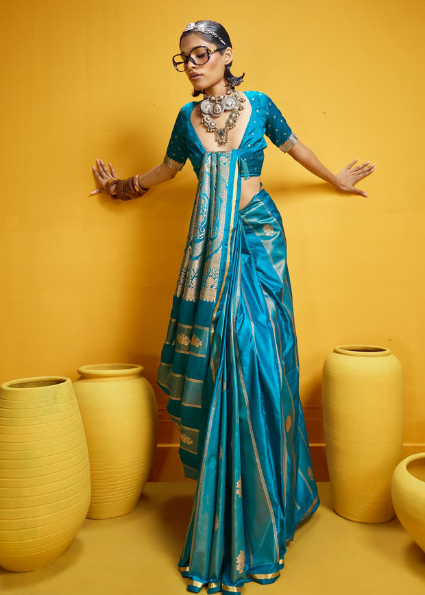 Vivid Blue Woven Banarasi Satin Silk Saree