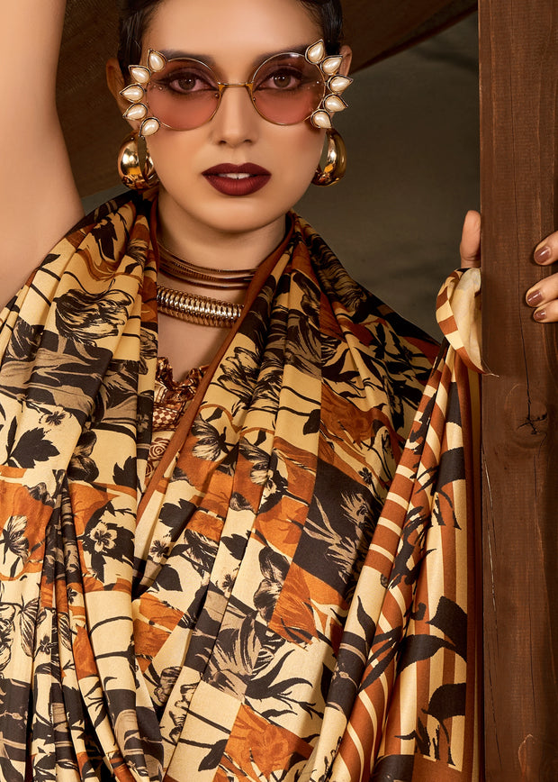 Brown And Beige Printed Satin Silk Saree