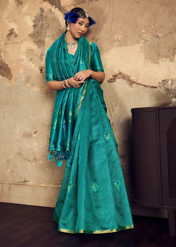 Turquoise Green Woven silk saree