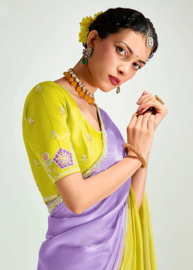 Lavender Yellow Ombre Designer Tissue Saree With Embroidered Blouse