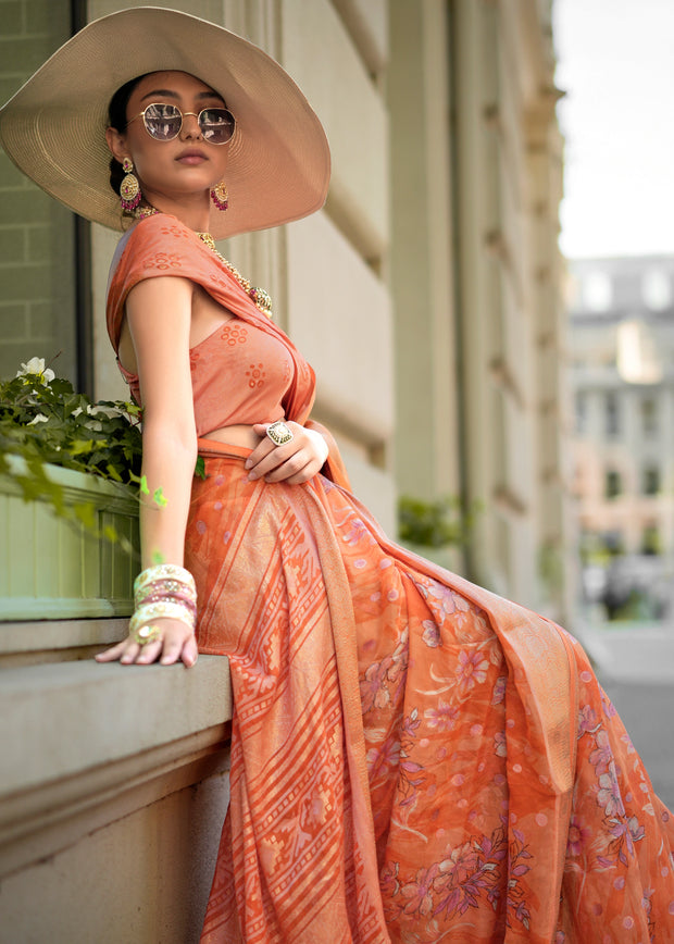 Dusky Orange Printed Georgette Silk Saree