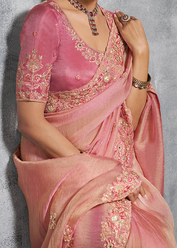 Golden Pink Embroidered Tissue Silk Saree