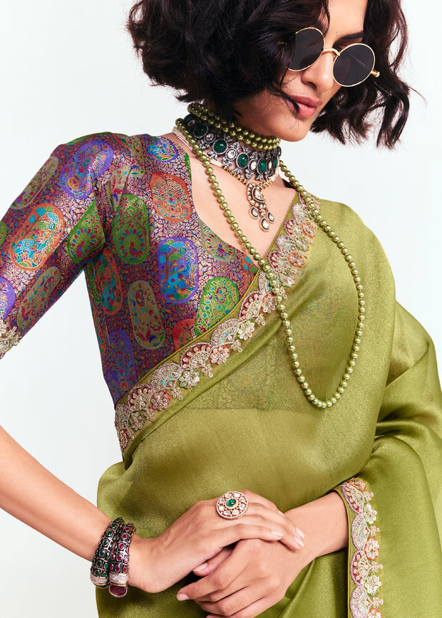 Kiwi Green Designer Embroidered Tissue Saree