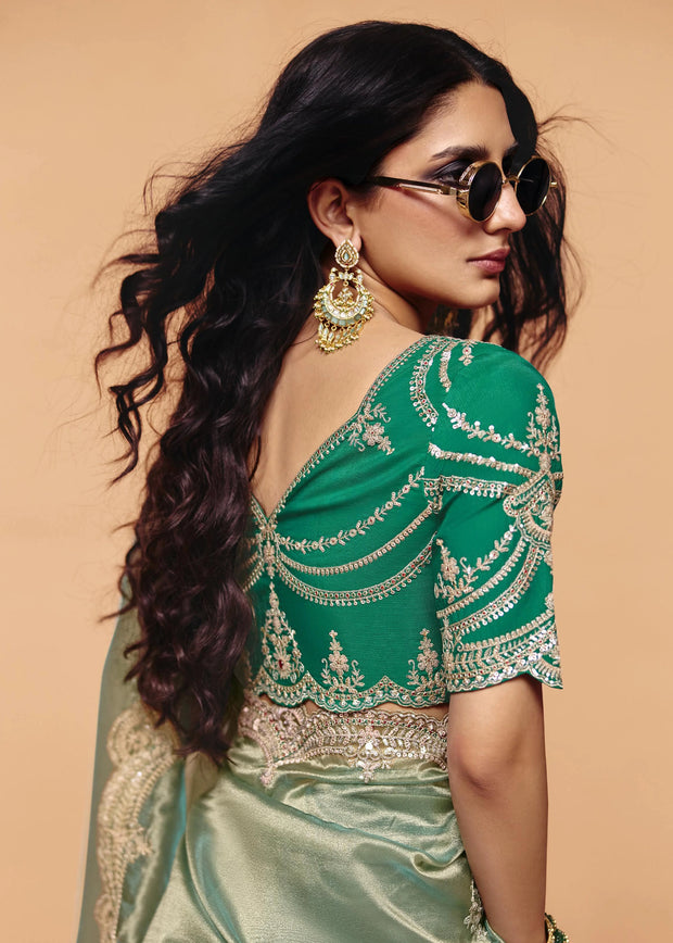 Irish Green Embroidered Designer Tissue Saree