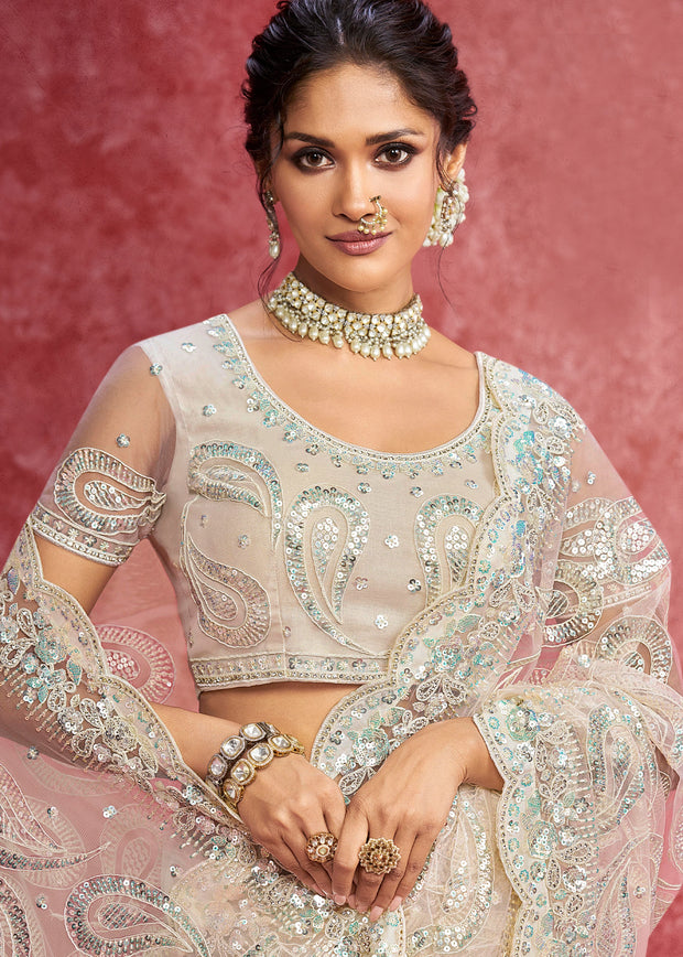 Beautiful Off White Embroidered Net Saree