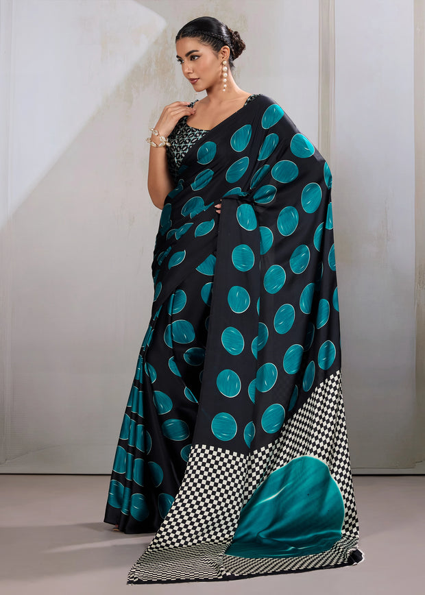 Teal Blue Printed Satin Silk Saree