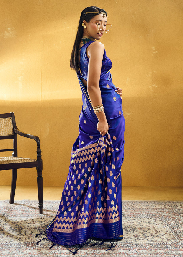 Indigo Blue Woven Banarasi Satin Silk Saree