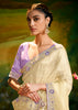 Cream Beige Heavy Embroidered Designer Silk Saree With contrast Blouse