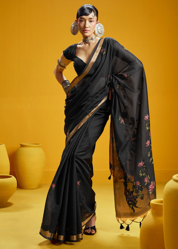 Black Woven Munga Cotton Silk Saree
