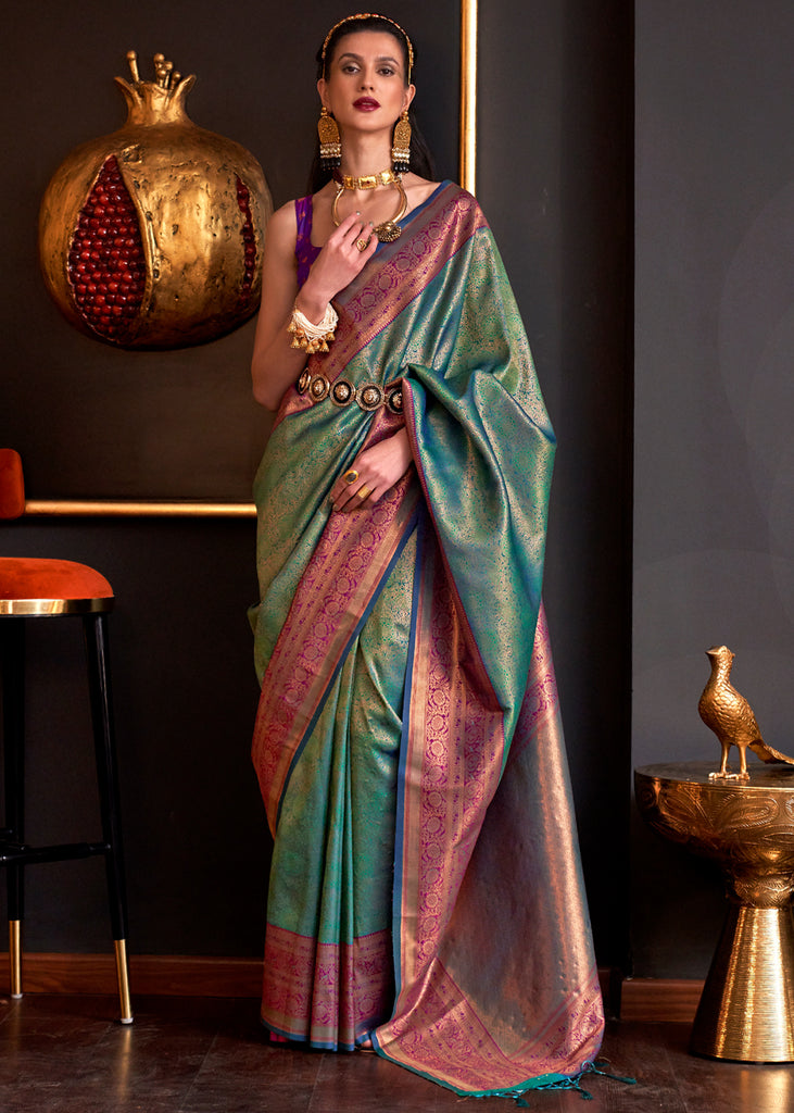 Cream and Teal color silk sarees with all over the body with gold and  silver zari
