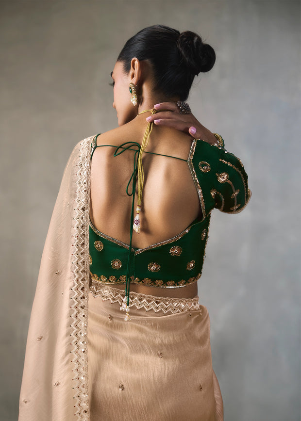 Golden Beige Embroidered Silk Saree With Heavy Blouse