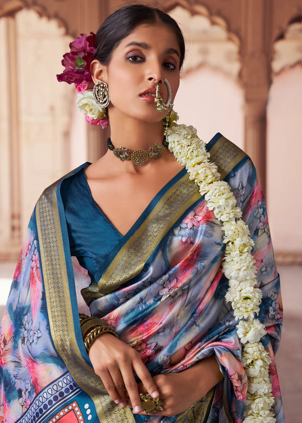 Victoria Blue Banarasi Digital Printed Silk Saree
