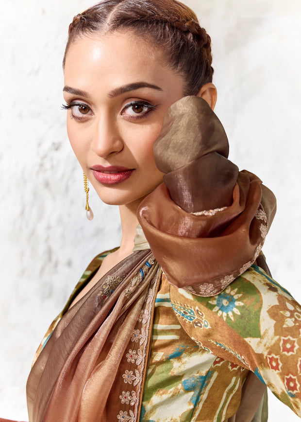Brown And Green Designer Organza Silk Saree With Printed Blouse